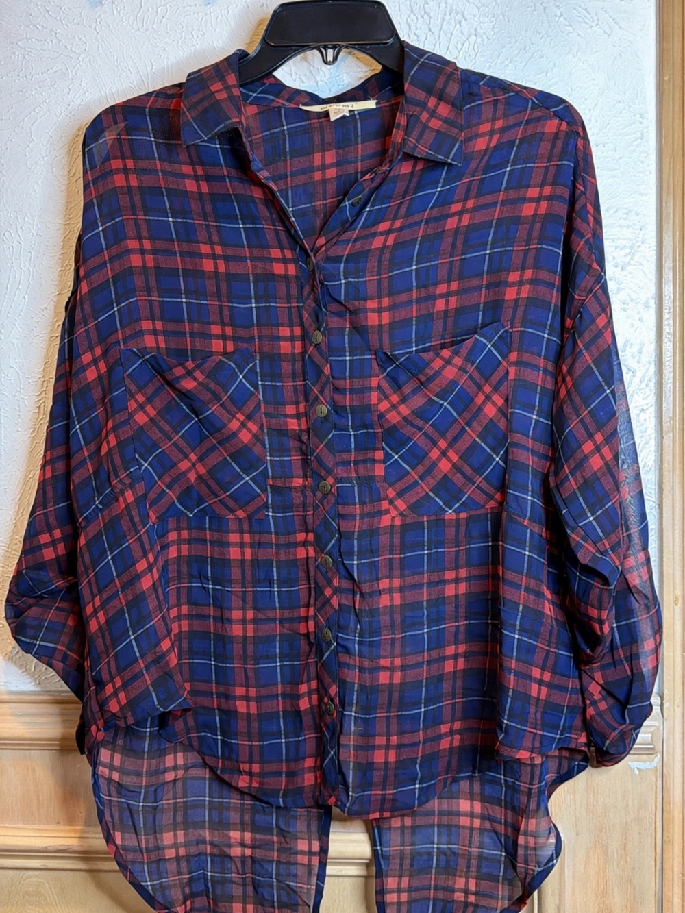 Mi Ami Plaid Button-Up Shirt in Navy and Red -Small